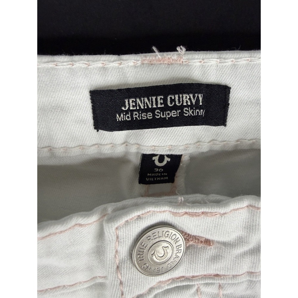 True Religion Jennie Curvy Mid Rise Super Skinny Jeans White Pink Stitch 30 - Picture 3 of 12